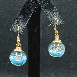 Gold tone blue seed bead shell bubble dangle earrings
